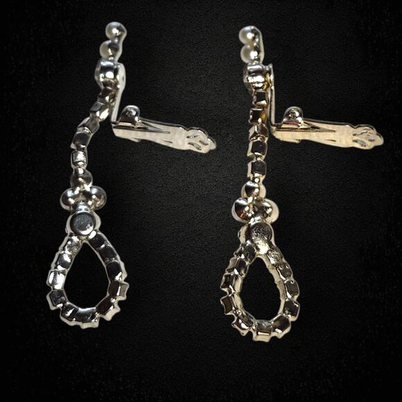 Vintage Pearl & Rhinestone Clip-On Dangle Earrings Sparkly Long Statement - Picture 4 of 6